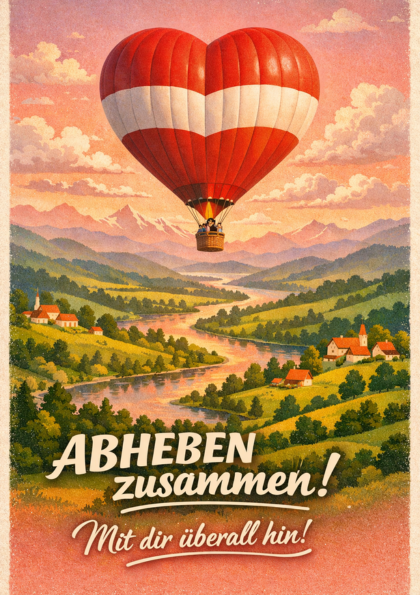 Heart-shaped hot air balloon over a river valley