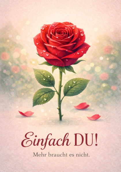 Red rose with dewdrops and German greeting
