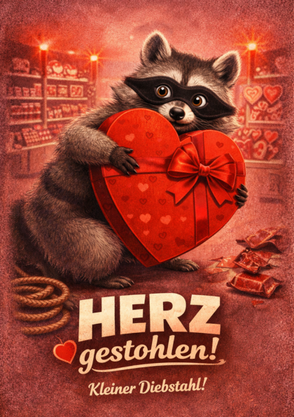 Raccoon holding a large red heart-shaped gift box