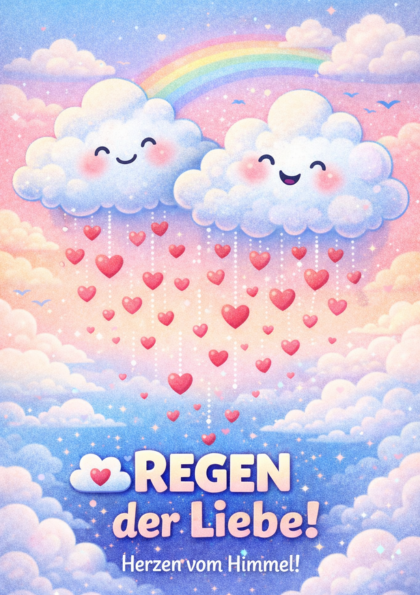 Two smiling clouds raining hearts under a rainbow