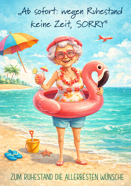 Elderly woman at beach with flamingo float