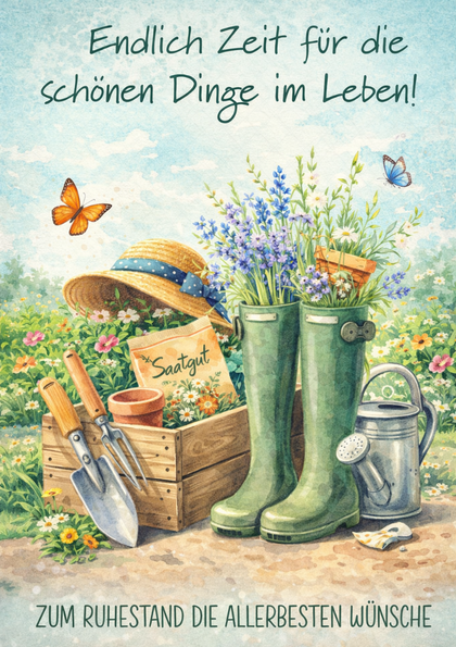 Watercolor gardening still life with boots and flowers