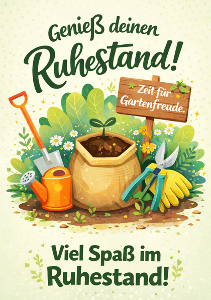Retirement card with gardening tools and seedling