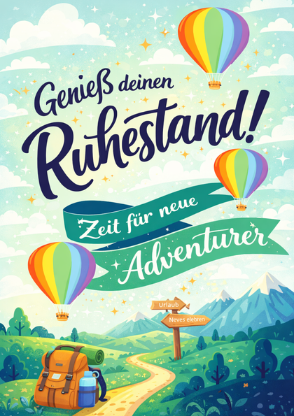 Retirement card with colorful hot air balloons and backpack