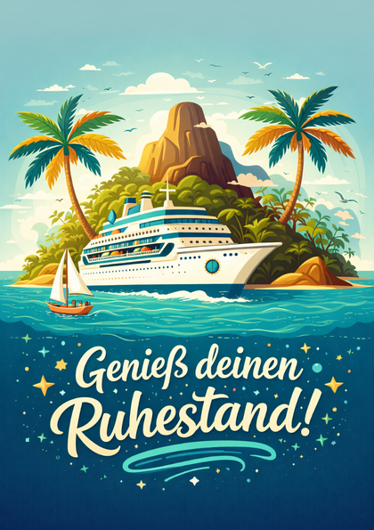 Retirement card with cruise ship and island