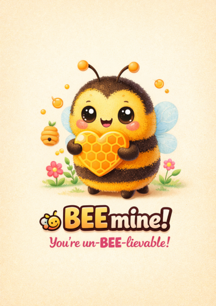Cute cartoon bee holding a heart-shaped honeycomb