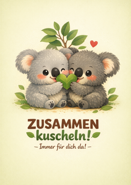 Two cuddling koalas holding a heart-shaped leaf