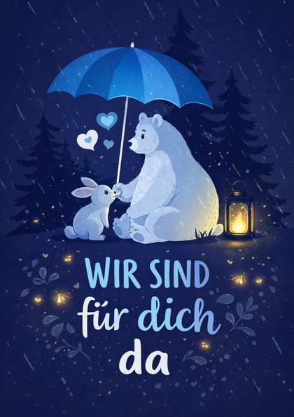 Bear and rabbit under an umbrella at night