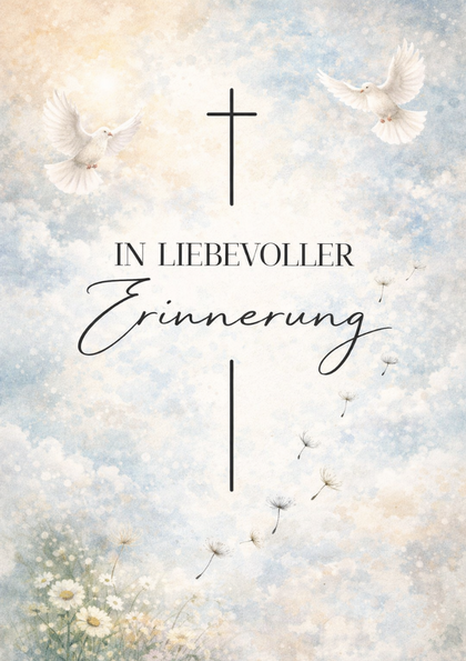 Memorial card with cross, doves and dandelions