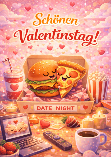 Valentine card with burger and pizza hugging