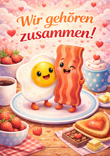 Cartoon egg and bacon hugging on a plate