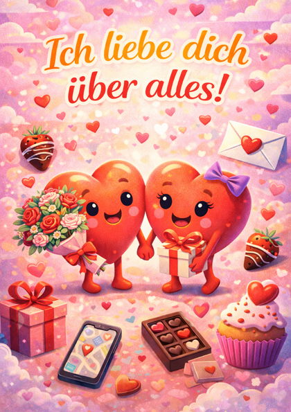 Valentine card with two smiling hearts