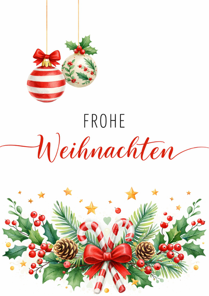 Christmas card with hanging baubles and festive greenery