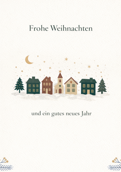 Christmas card with snowy village and moon