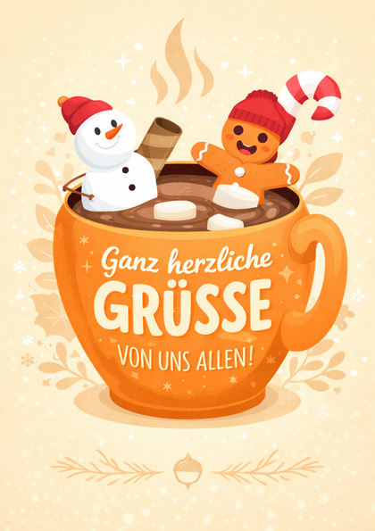 Orange mug of hot chocolate with gingerbread and snowman