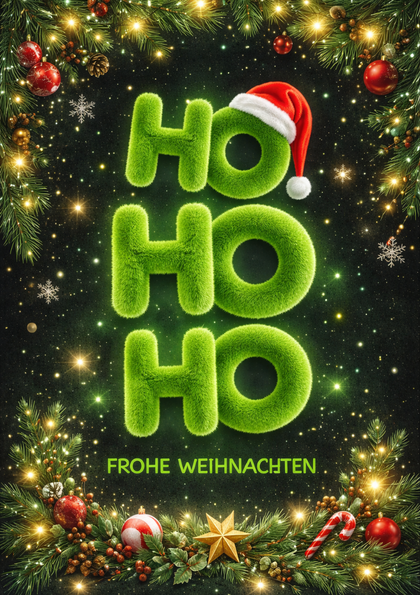 Green 'HO HO HO' lettering with Santa hat and decorations