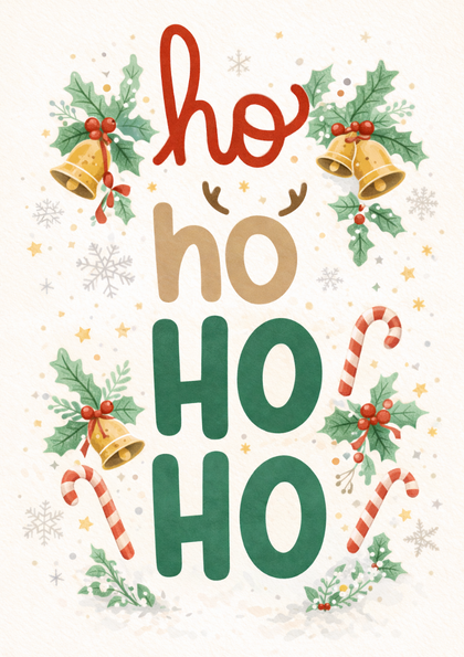 Holiday card with stylized 'ho ho ho' and festive decorations