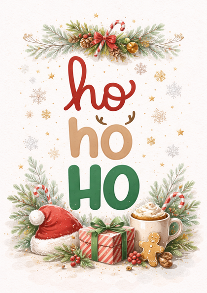 Christmas card with 'ho ho ho', gifts and mug