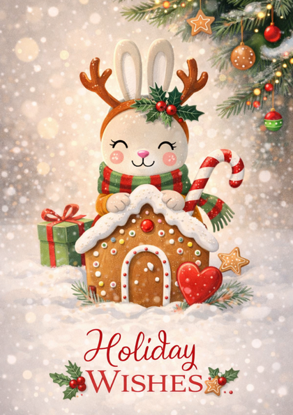 Bunny in antler headband with gingerbread house