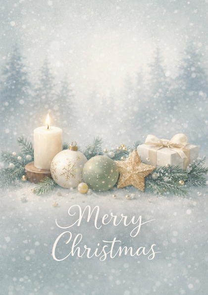 Christmas card with candle, ornaments and wrapped gift