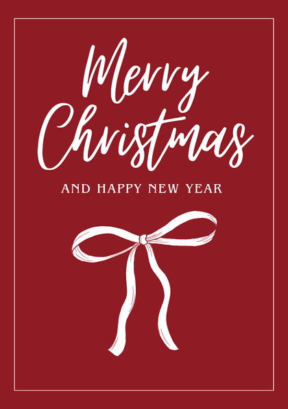 Red Christmas card with white ribbon and greeting