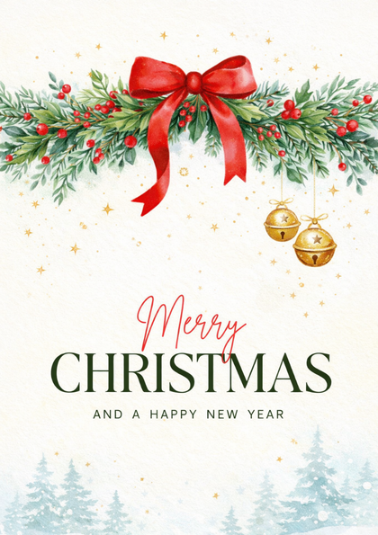 Christmas card with pine garland, red bow and bells