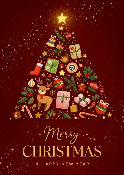 Christmas icons forming a tree on red card