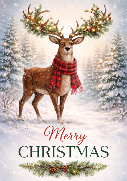 Reindeer with plaid scarf and decorated antlers