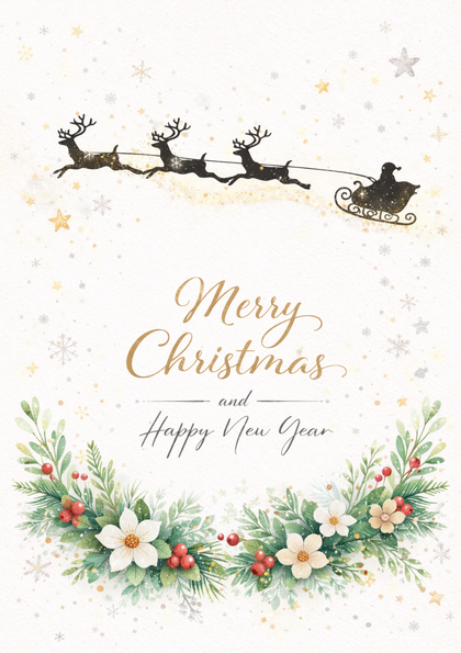 Christmas card with sleigh and floral wreath