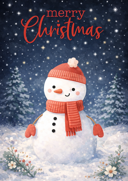 Smiling snowman in red hat and scarf