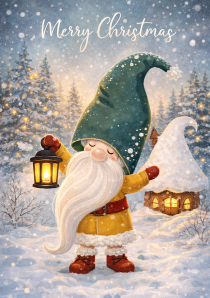 Gnome holding lantern in snowy Christmas scene