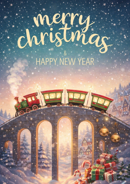 Festive train crossing a snowy stone bridge at night