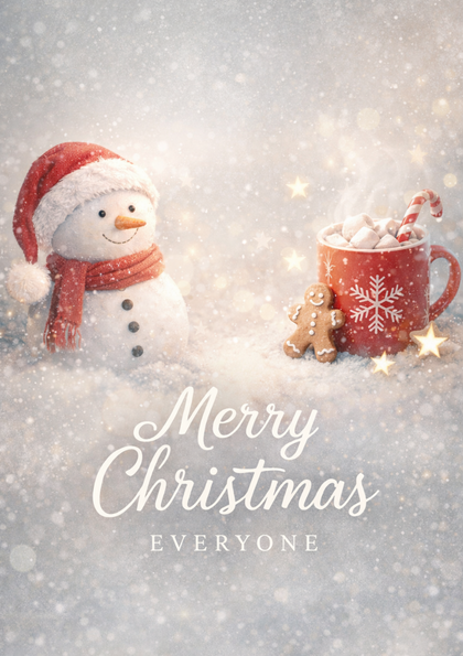 Snowman with mug of hot chocolate and gingerbread