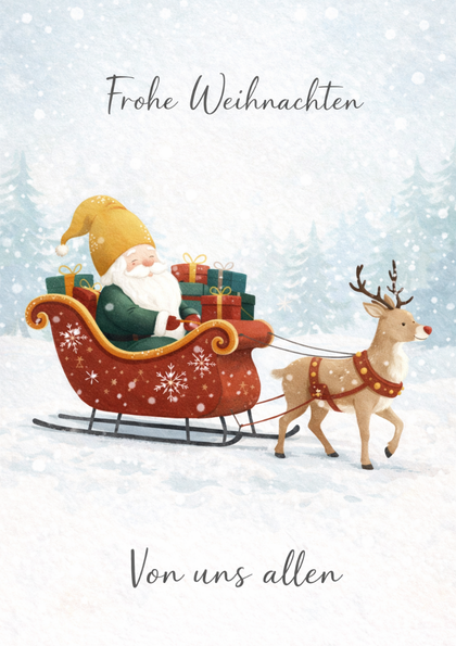 Santa in a sleigh pulled by a reindeer