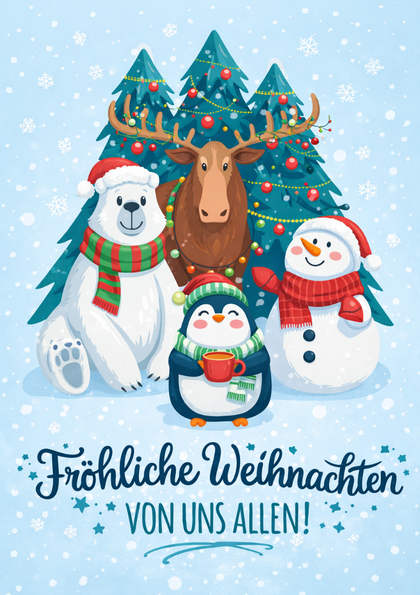 Christmas card with four winter animals