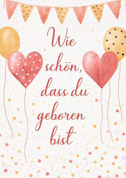 Watercolor greeting card with heart balloons and bunting