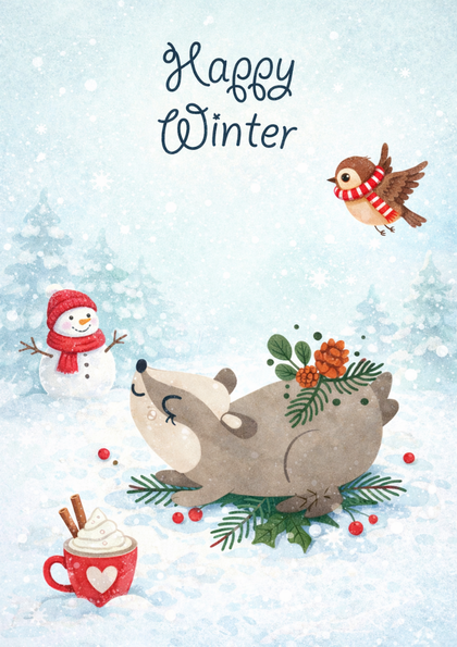 Winter card with sleeping animal, snowman, and bird