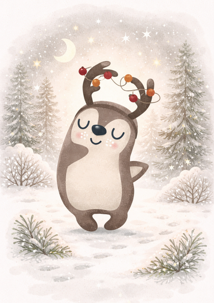 Cute penguin wearing festive antlers in snowy forest
