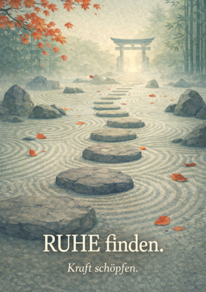 Zen garden path with stepping stones and torii