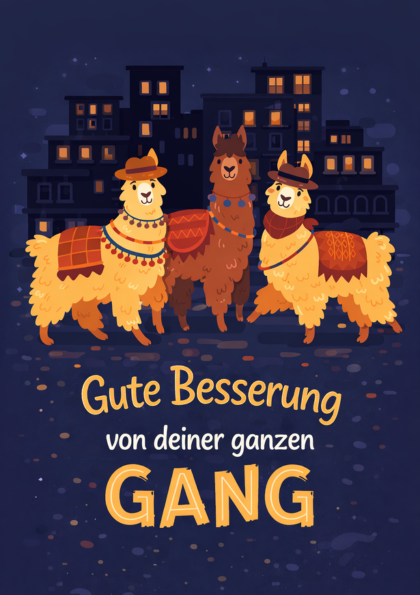Three llamas in colorful blankets at night