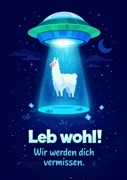Cartoon llama lifted by a UFO beam at night
