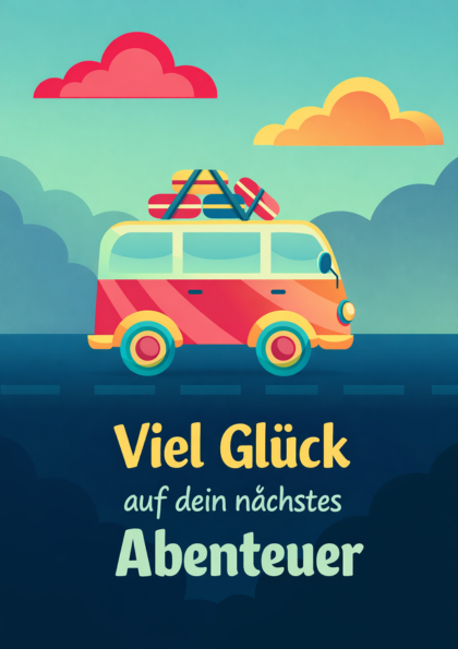 Colorful camper van with luggage and clouds