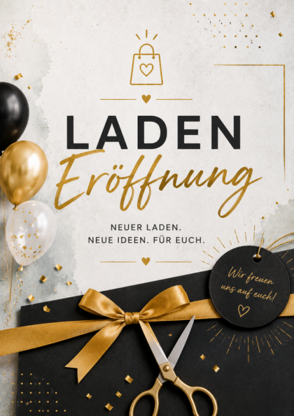 Elegant store-opening card with gold ribbon and balloons