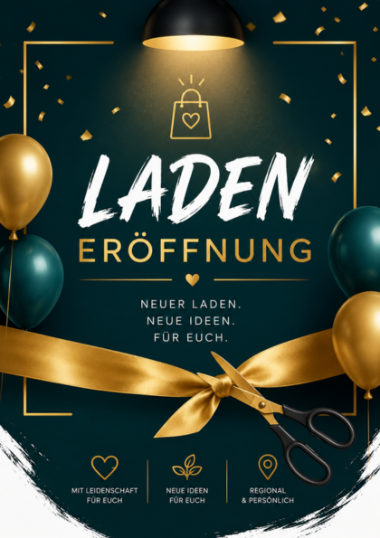 Gold ribbon and scissors on green grand opening card