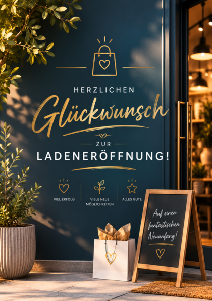 Storefront greeting sign with gift and plants
