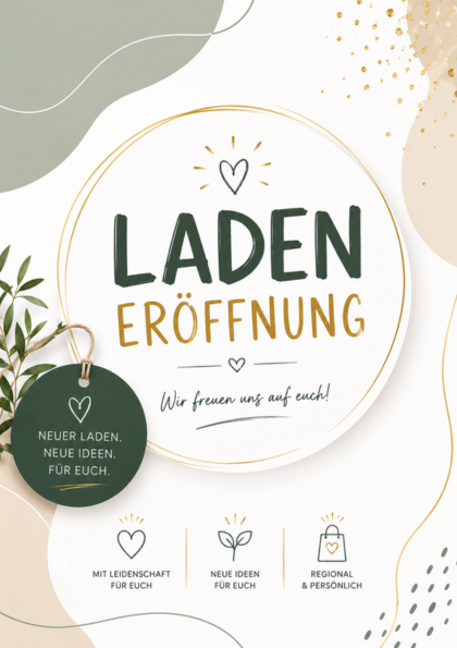 Store opening greeting card with green and gold accents
