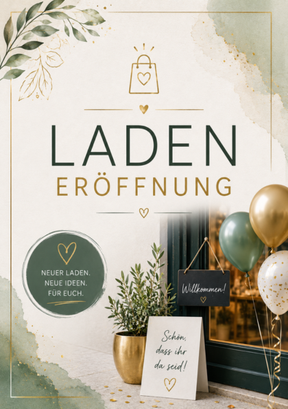 Store opening card with balloons and potted plant