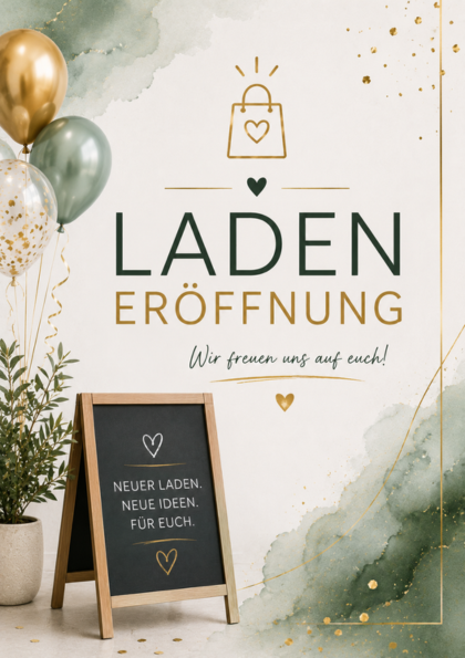 Shop opening card with balloons and chalkboard
