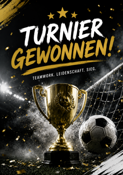 Gold trophy and soccer ball with victory headline